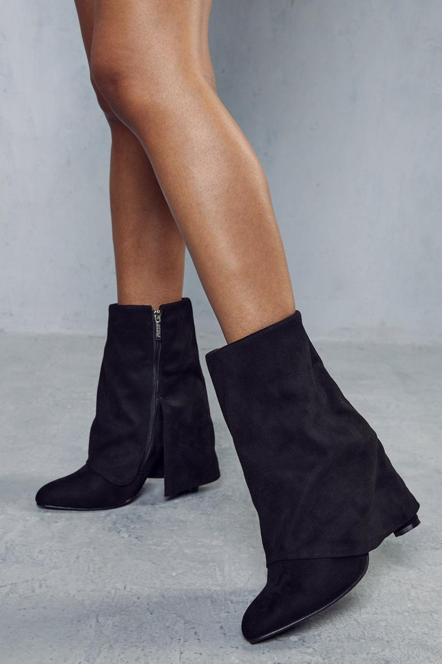 Black Faux Suede Folded Ankle Boots image number 1