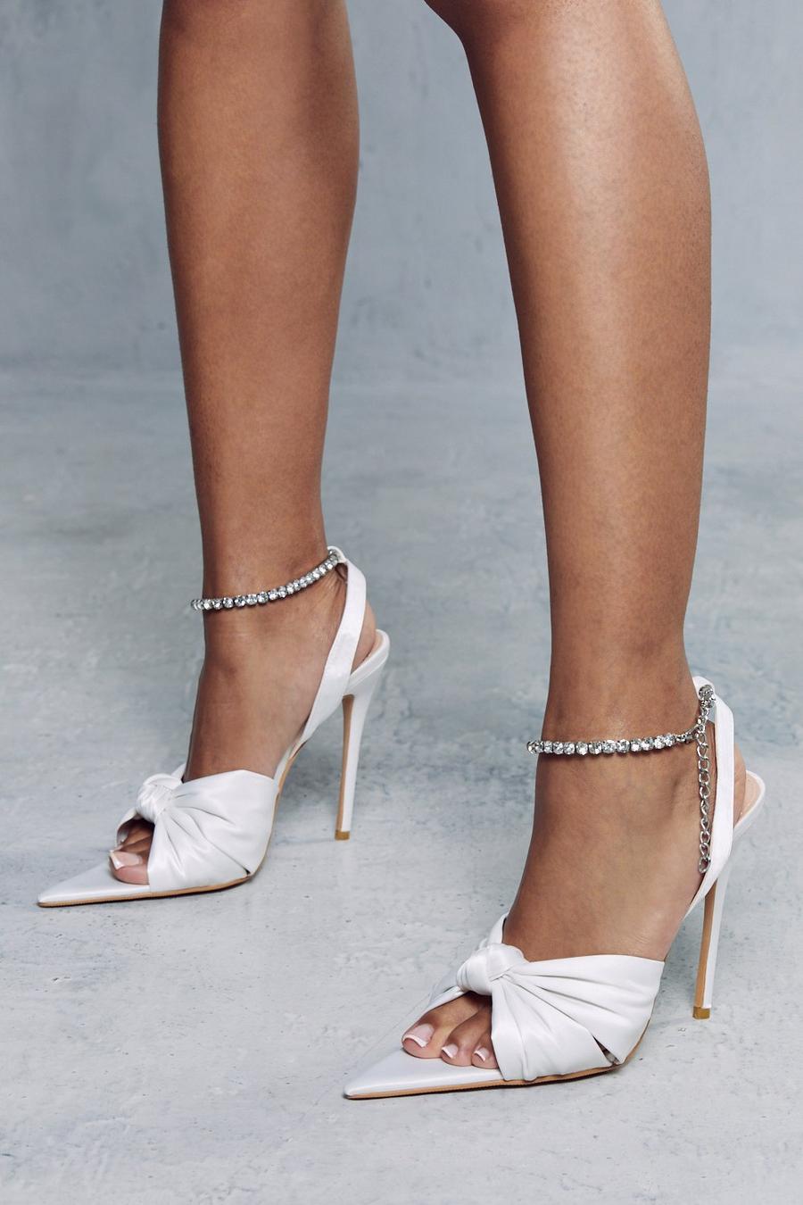 White Satin Knot Detail Diamante Heels  image number 1