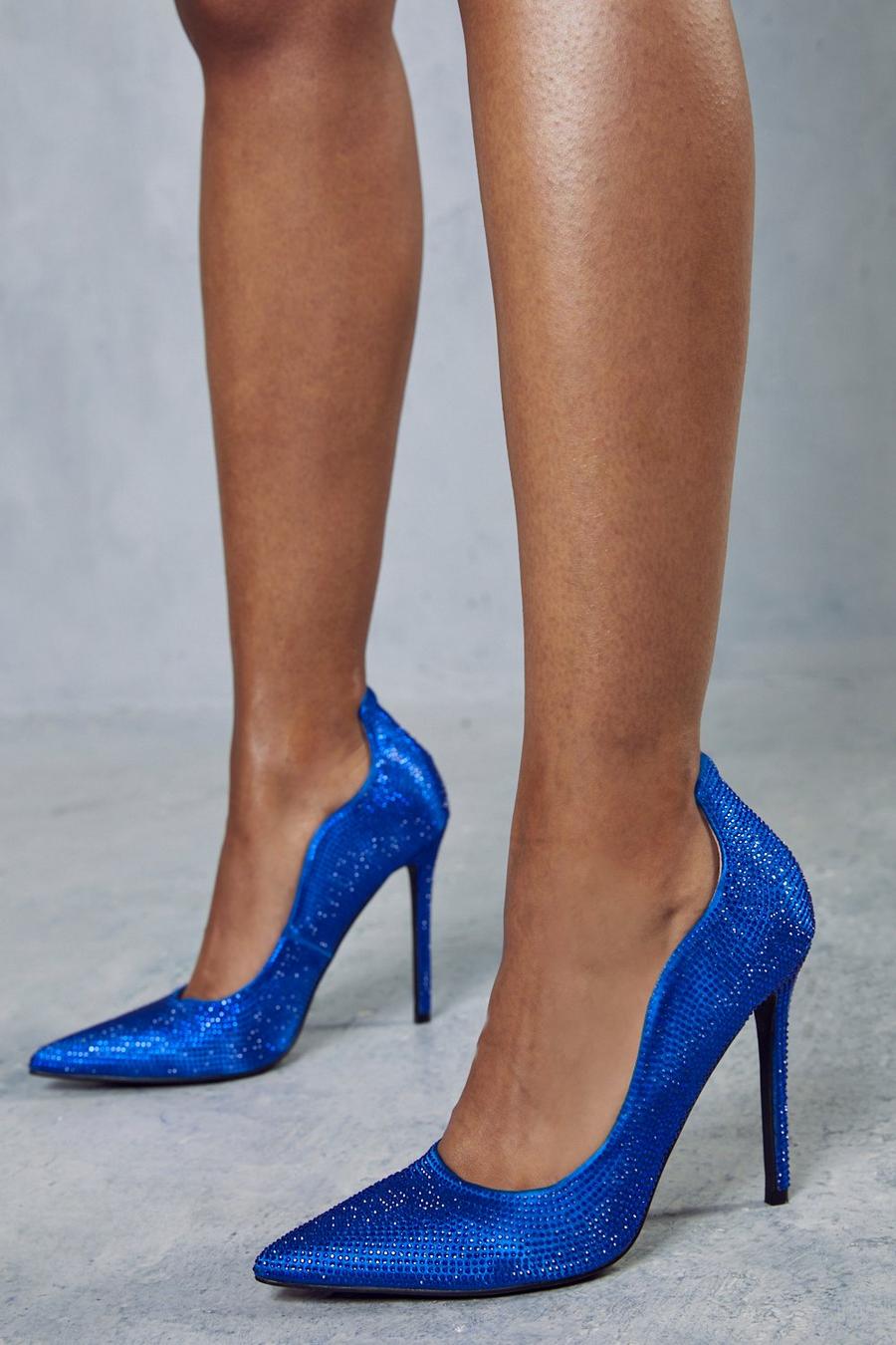 Blue Premium Diamante Scallop Court Shoe image number 1