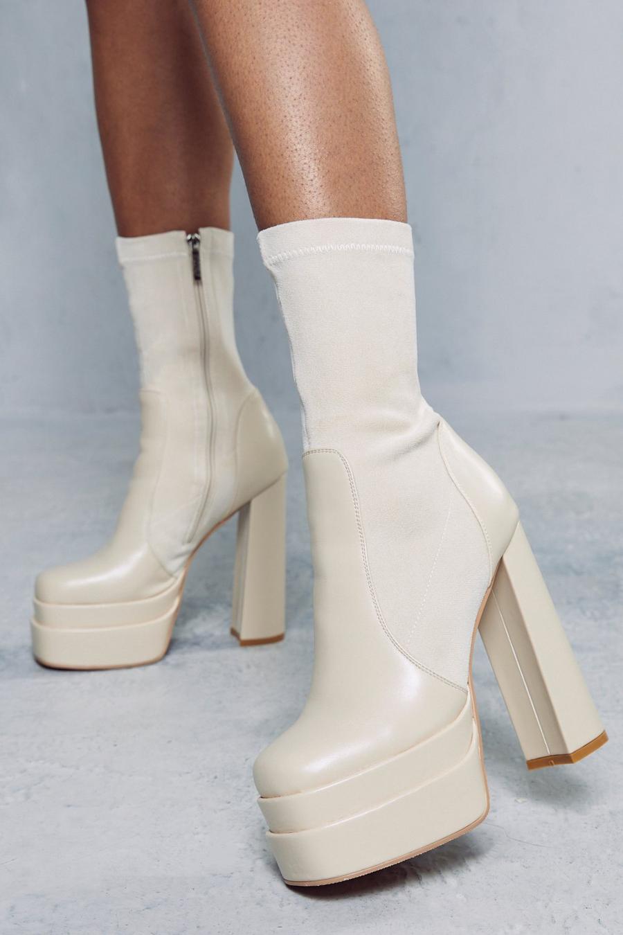 Cream Faux Suede Platform Ankle Boots image number 1