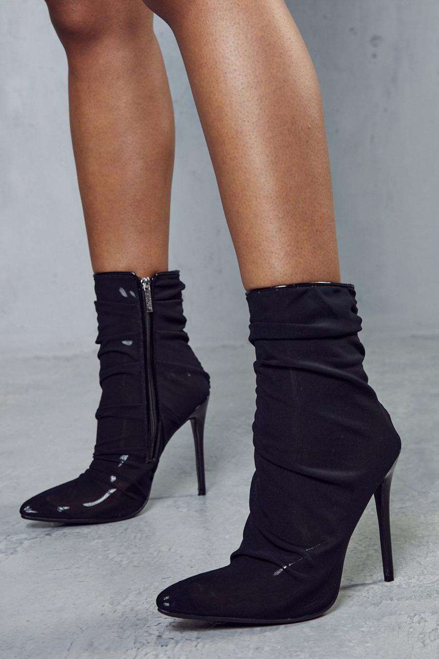 Black Ruched Mesh Ankle Boots image number 1