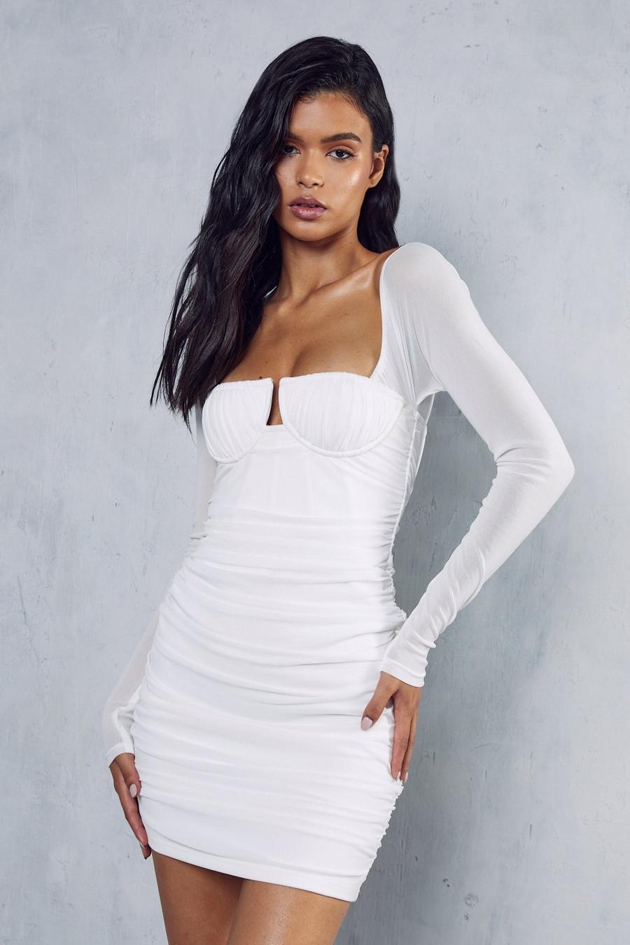 White Premium Mesh Shaped Bust Cupped Mini Dress image number 1