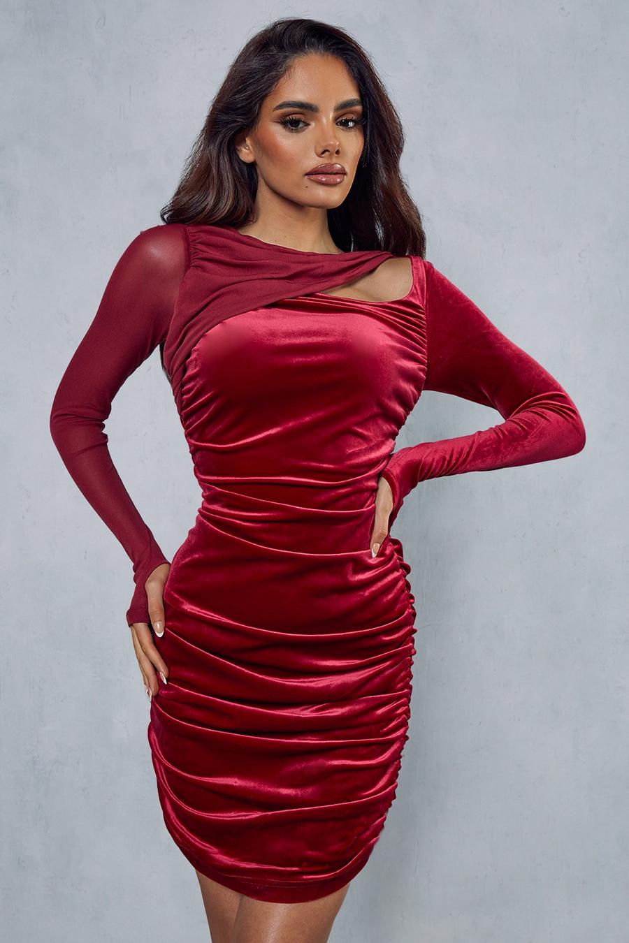 Dark red Velvet Mesh Overlay High Neck Mini Dress image number 1