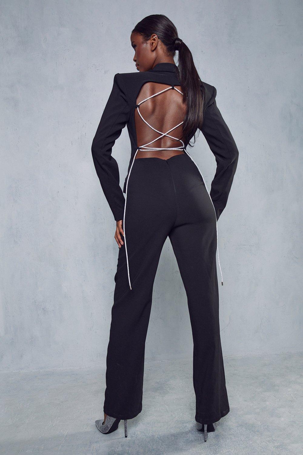 Lace up back store jumpsuit