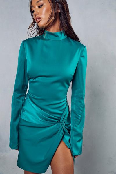 MissPap green Satin High Neck Knot Skirt Mini Dress