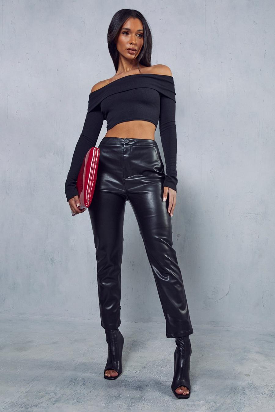 Black Leather Look Skinny Zip Hem Trousers image number 1