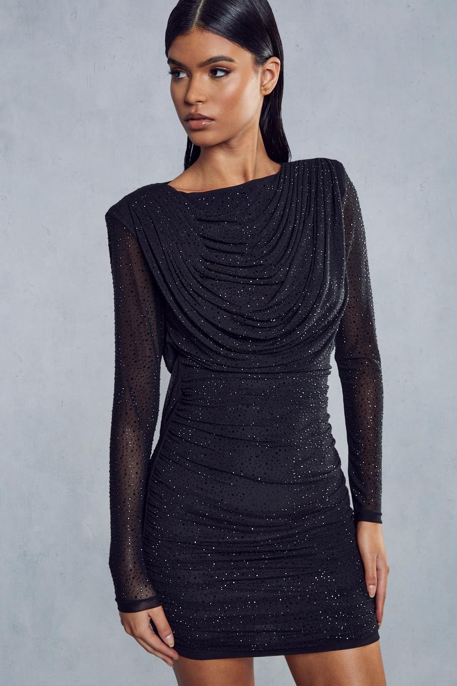 Black Premium Diamante Draped Backless Mini Dress image number 1