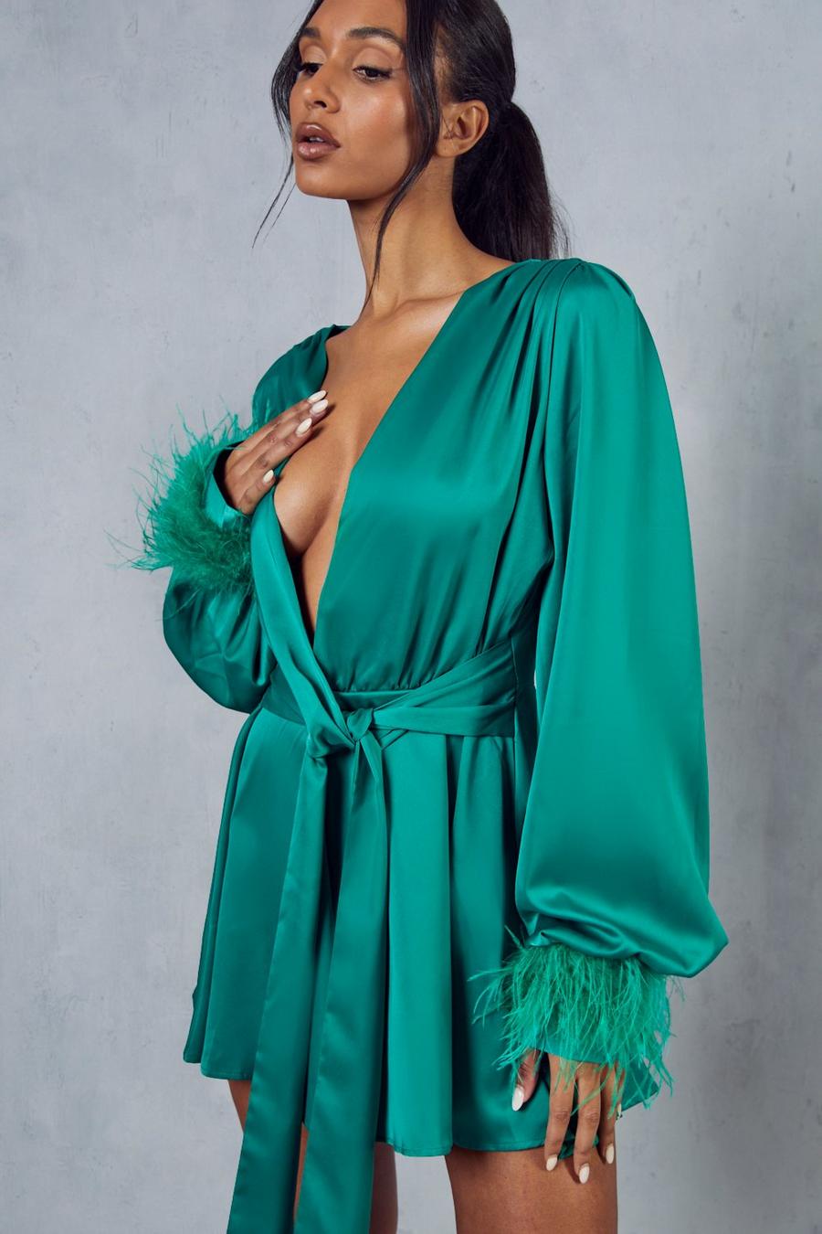 Green Satin Drape Feather Cuff Playsuit image number 1
