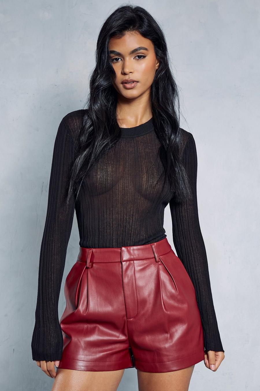 Wine Leather Look Pleated Shorts 