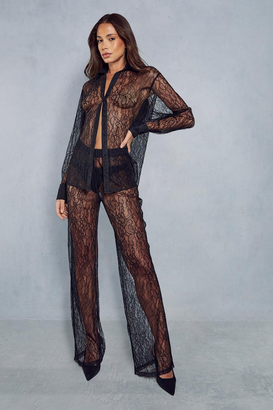 Black Lace Shirt And Wide Leg Trouser Co-ord image number 1