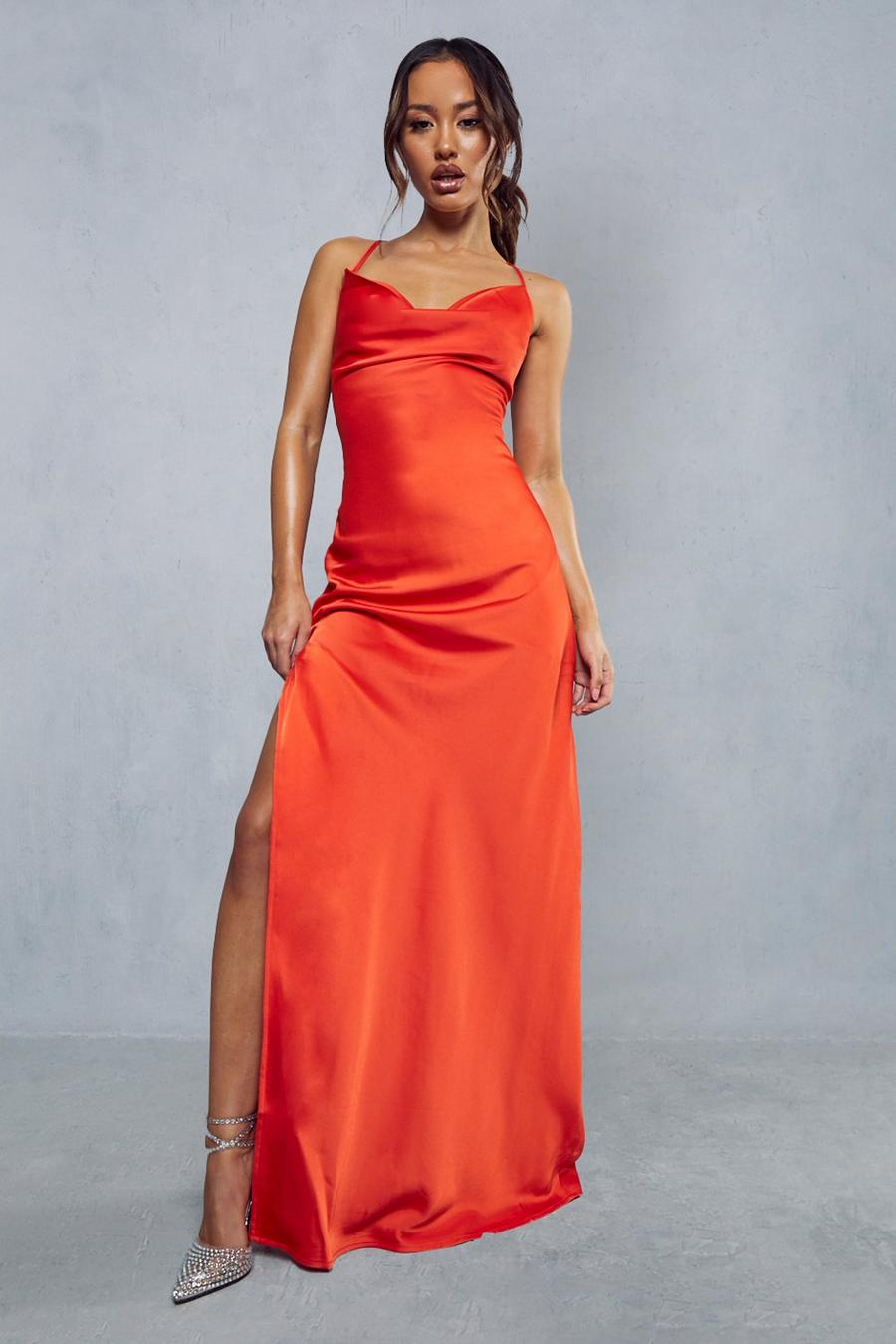 Orange Satin Lace Up Split Leg Maxi Dress image number 1