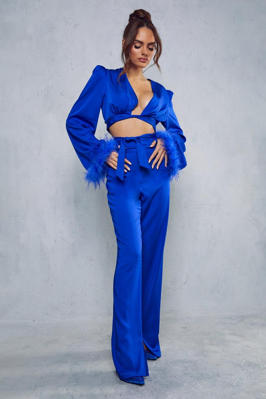 Blue Satin Twist Front Feather Co-ord