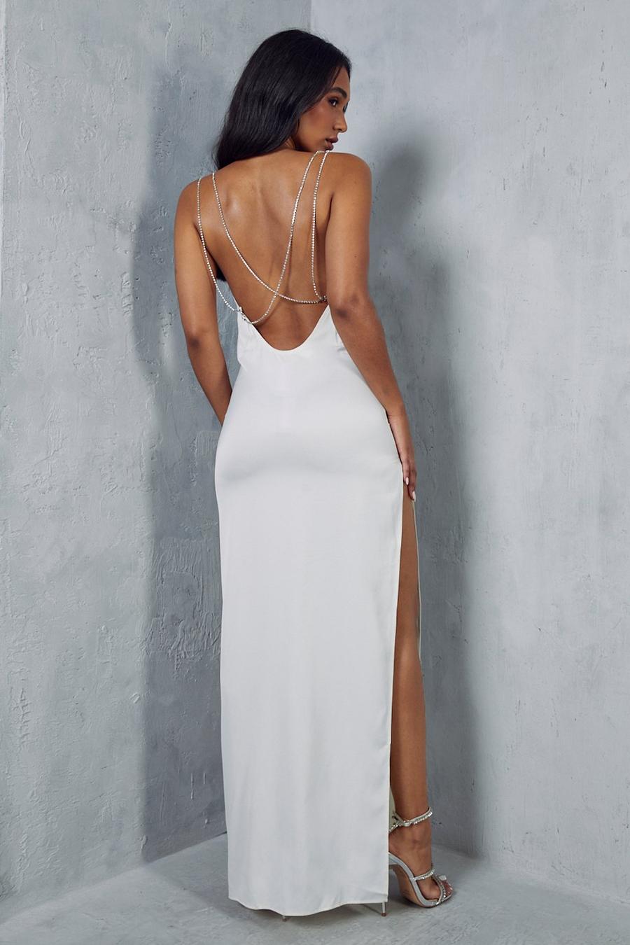 Ivory Premium Satin Cowl Neck Diamante Backless Maxi Dress image number 1