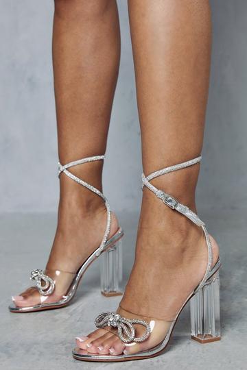 Bow Diamante Strappy Block Heels silver