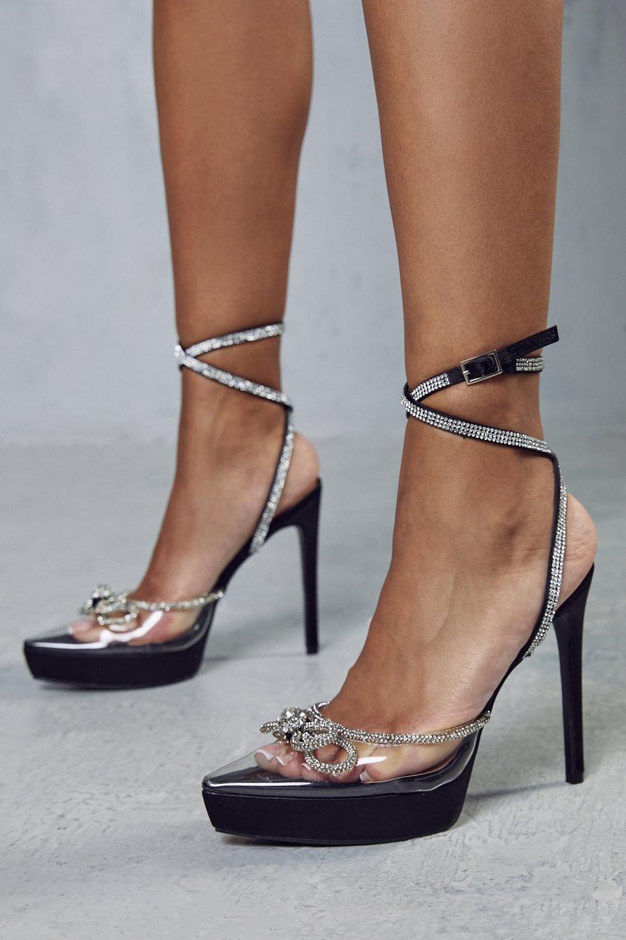 Black Bow Diamante Platform Strappy Heels  image number 1