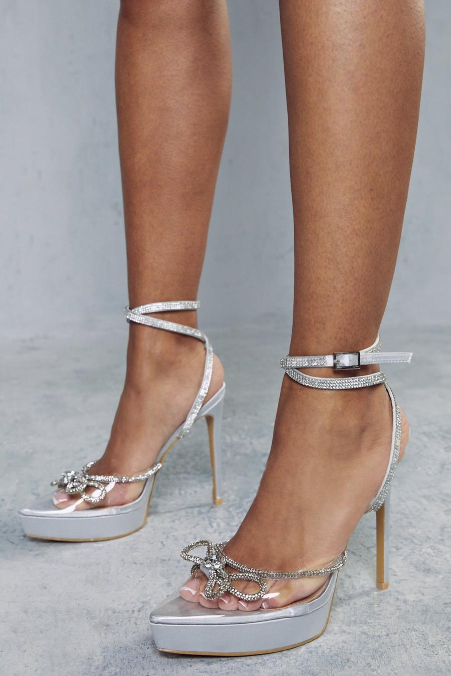 Silver Bow Diamante Platform Strappy Heels  image number 1