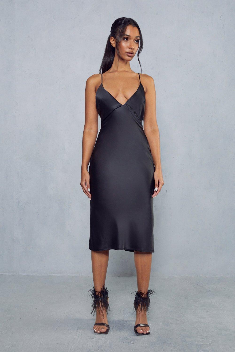 Black satin store midi slip dress