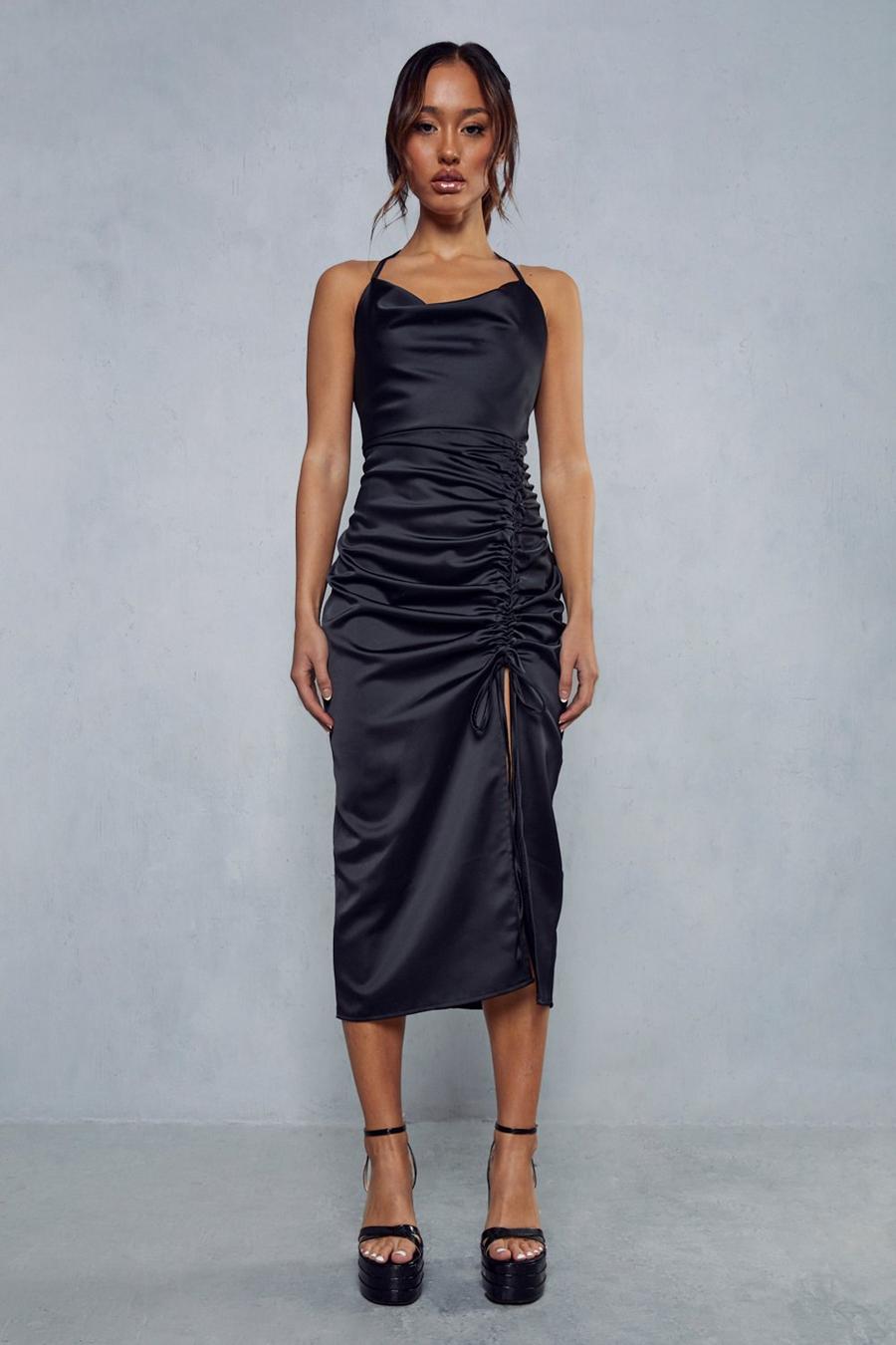 Black Premium Satin Cowl Neck Ruched Side Midi Dress image number 1