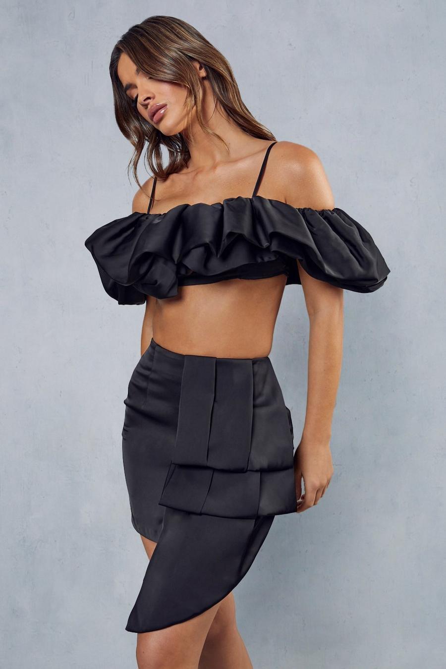 Black Premium Satin Ruffle Two Piece Co-ord image number 1