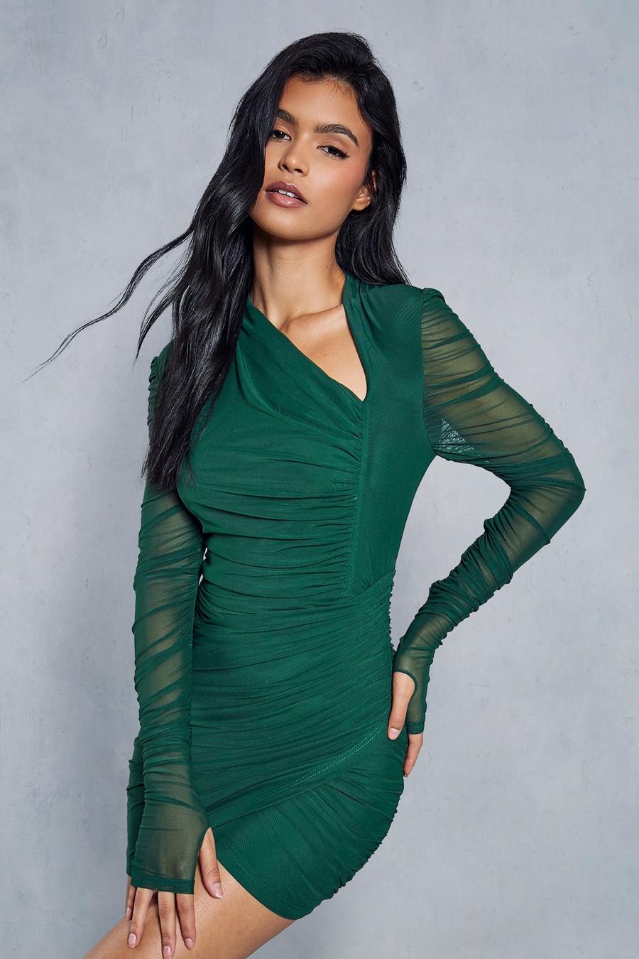 Dark green Mesh Ruched Wrap Long Sleeve Dress