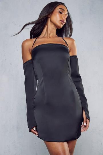 Premium Satin Halterneck Bardot Split Sleeve Dress black