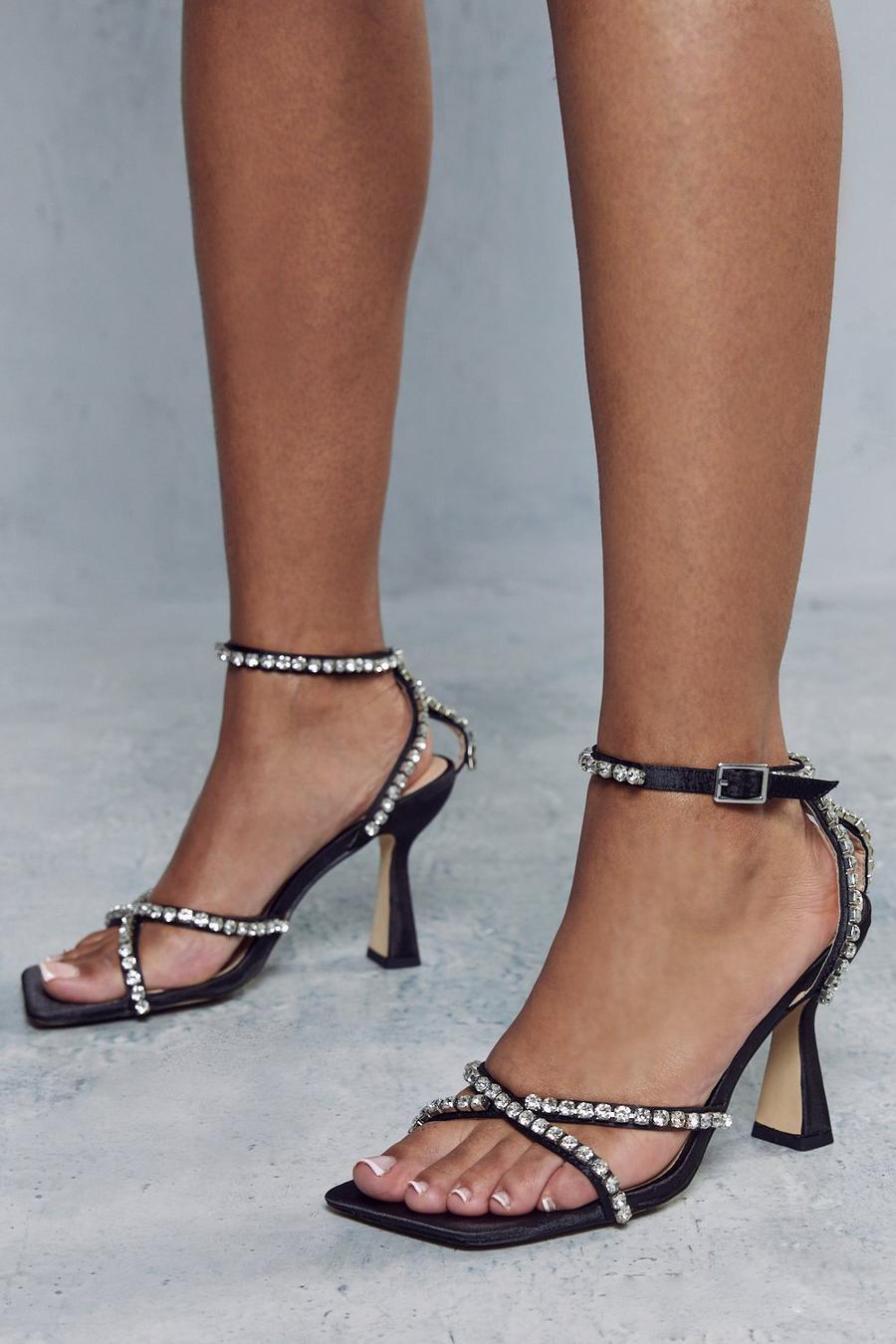 Black Premium Satin Diamante Strappy Heels image number 1