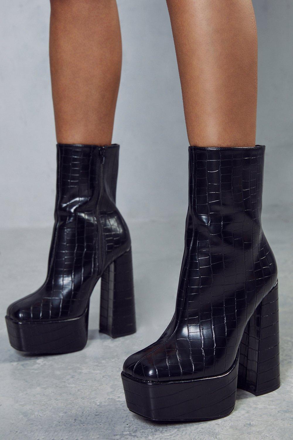 Public desire black outlet croc effect platform boots