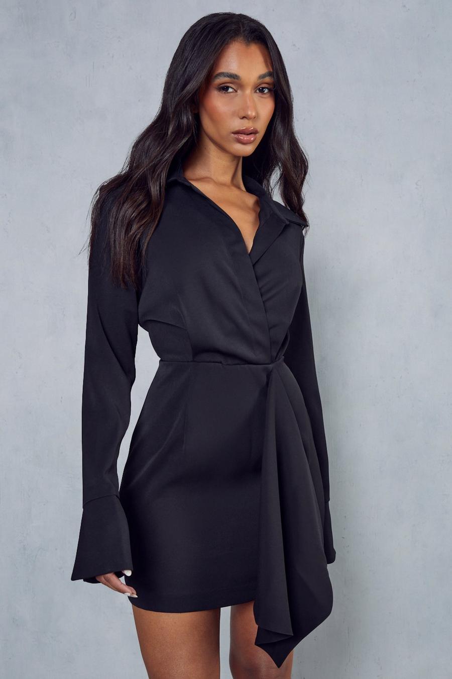 Black Split Sleeve Drape Detail Tailored Shirt Dress image number 1