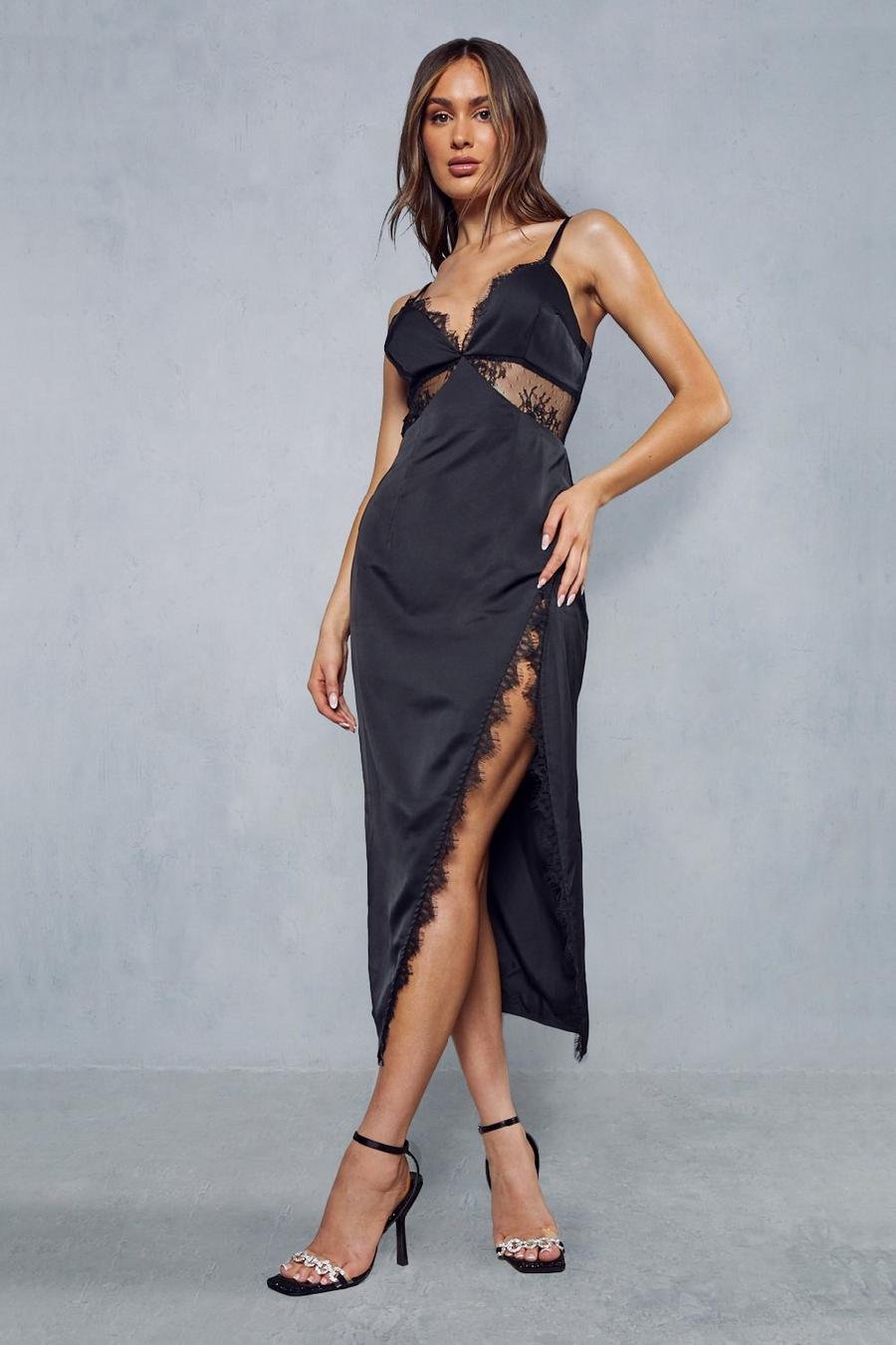 Black Lexi Wood Satin Lace Trim Split Leg Midi Dress