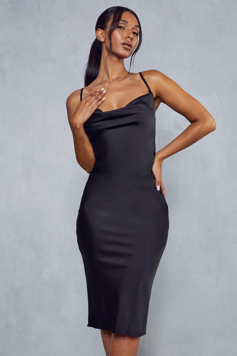 Black Premium Satin Cowl Neck Midi Dress image number 1