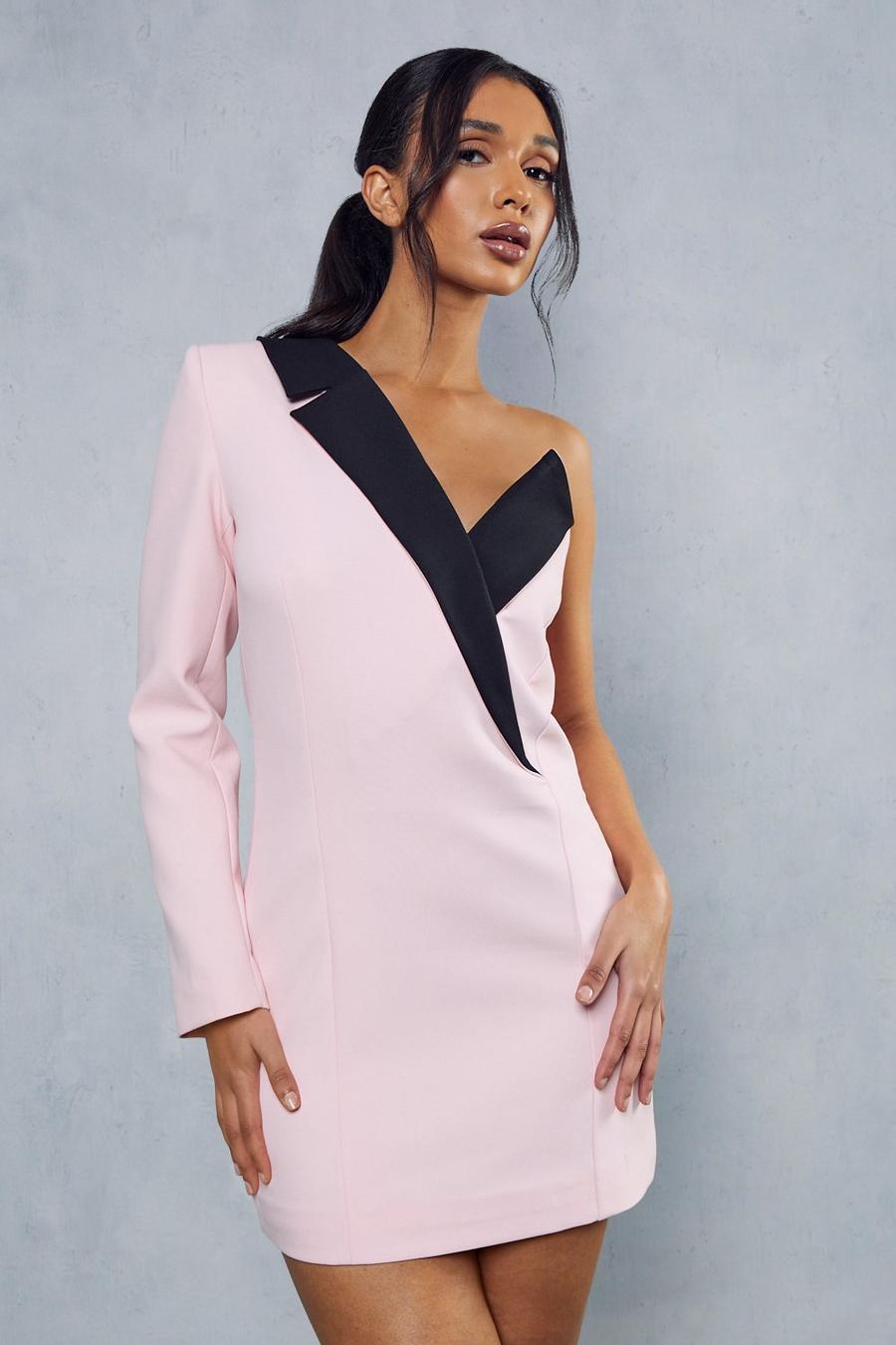 Pink One Shoulder Contrast Tailored Blazer Dress