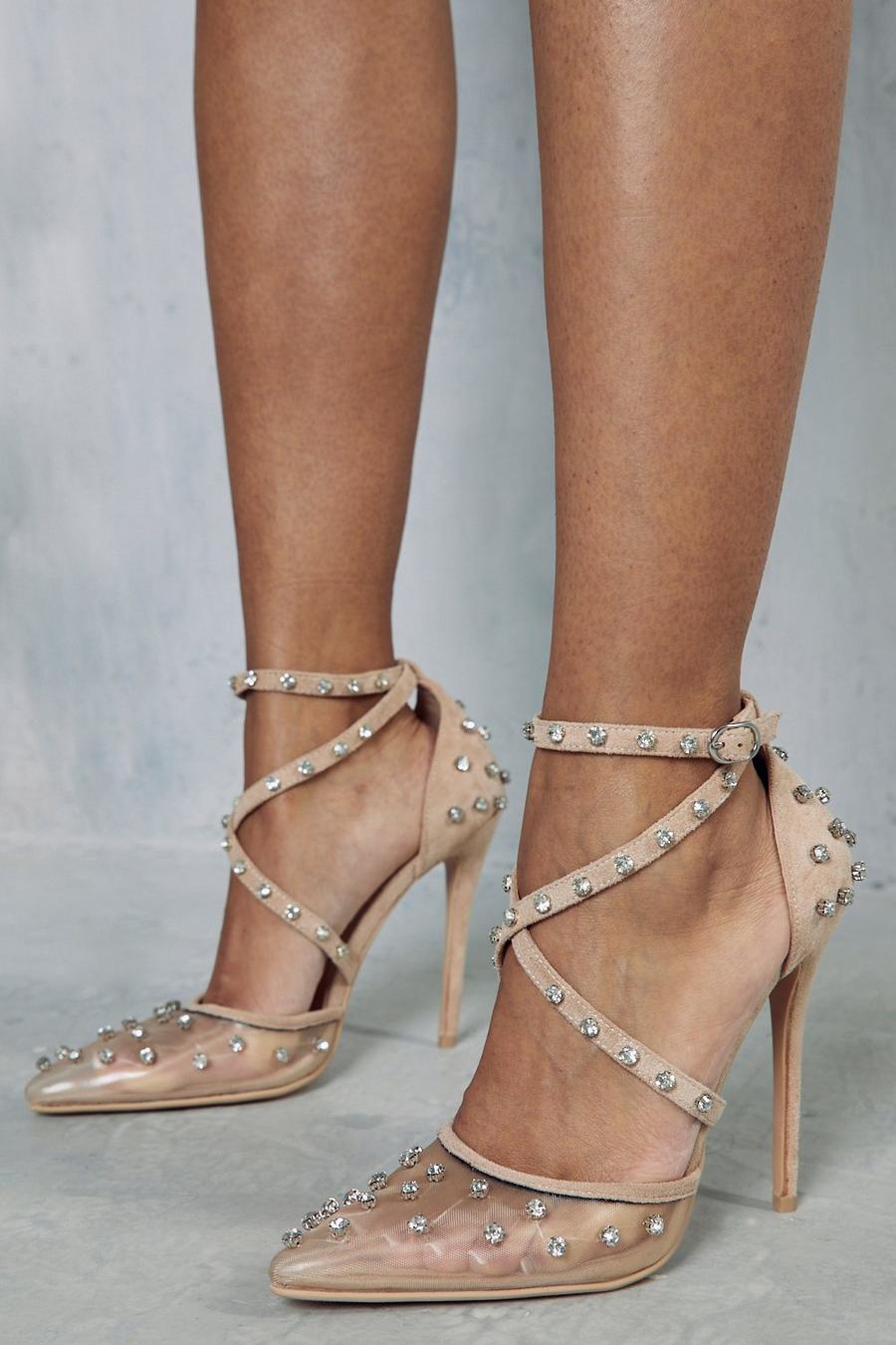 Nude Embellished Diamante Cross Over Strappy Heels image number 1