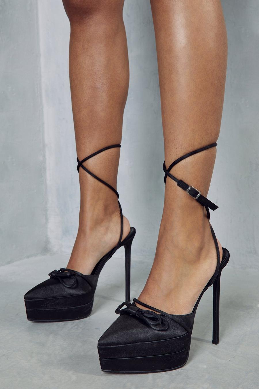 Black Satin Bow Detail Platform Heels