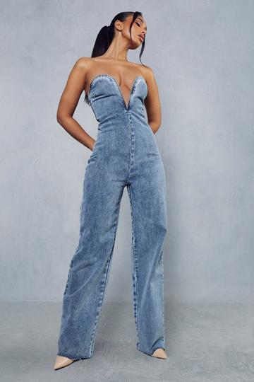 Sweetheart Plunge Denim Jumpsuit dark wash