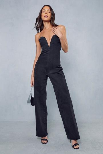 Sweetheart Plunge Denim Jumpsuit washed black