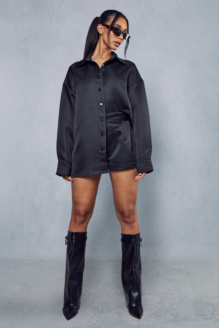 Black Premium Satin Shirt & Shorts Co-ord image number 1
