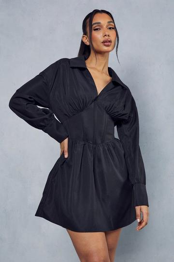 Black Corset Insert Plunge Shirt Dress