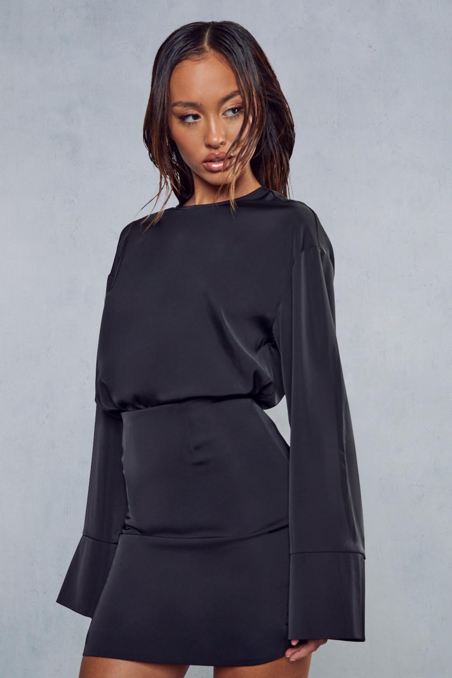 Black Premium Satin Drop Shoulder Top & Skirt Co-ord image number 1