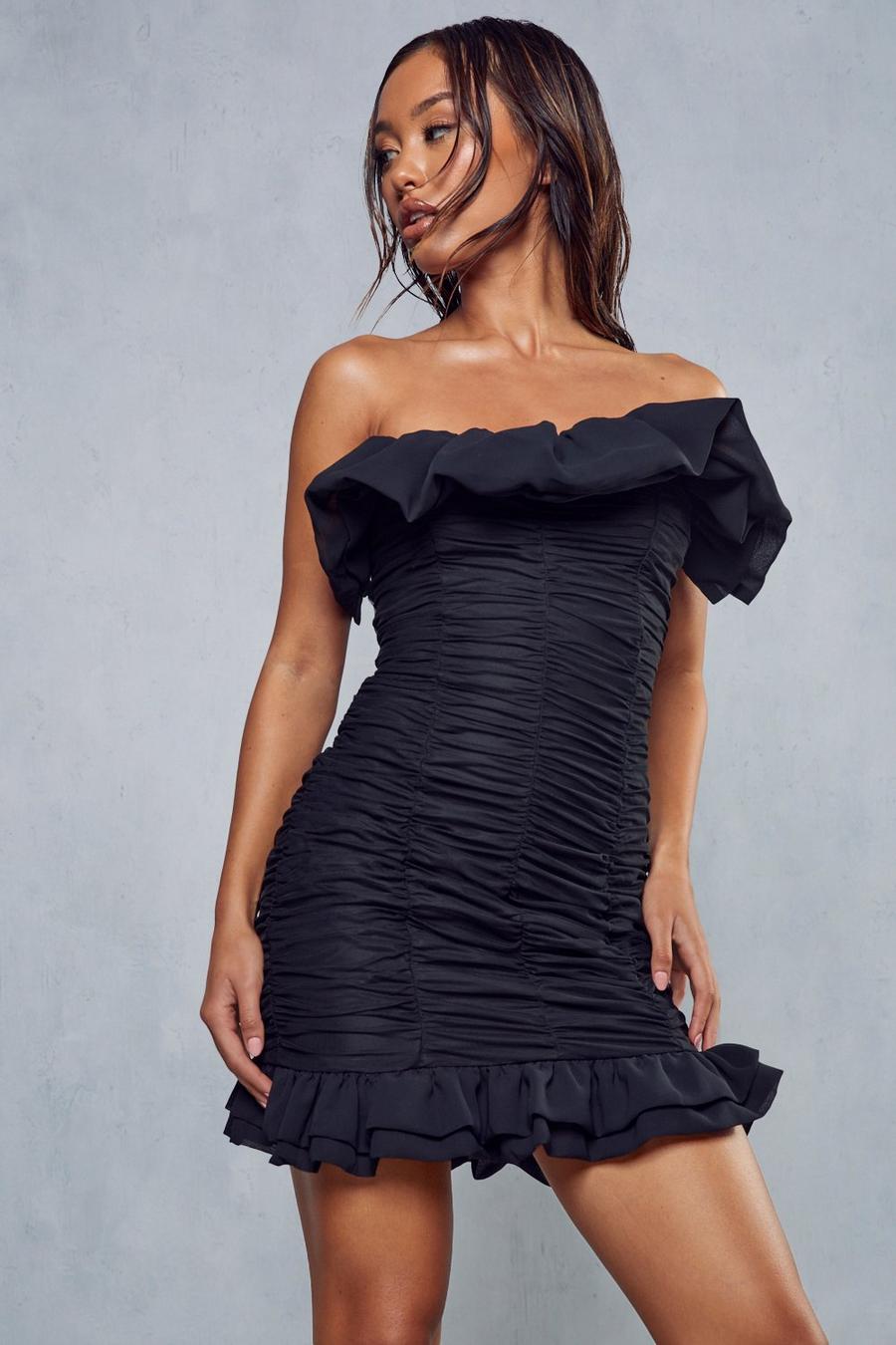 Black Premium Extreme Ruffle Bardot Mini Dress