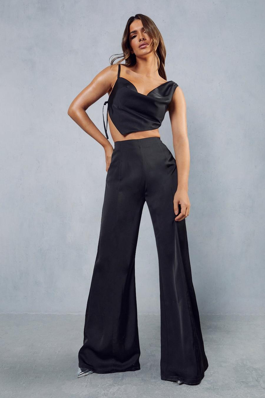 Black Cowl Neck Top & Flare Trouser Co-ord image number 1