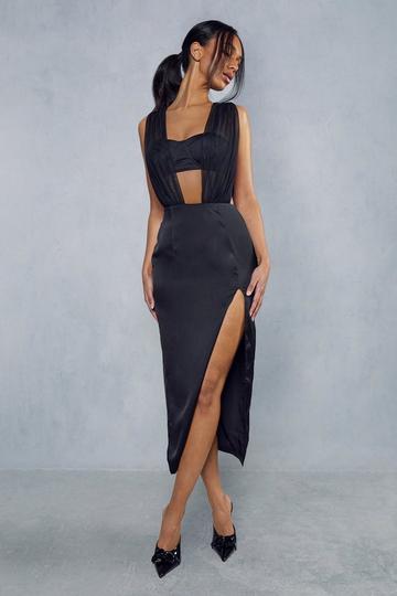 Pleated Plunge Split Leg Bodycon Midi Dress black