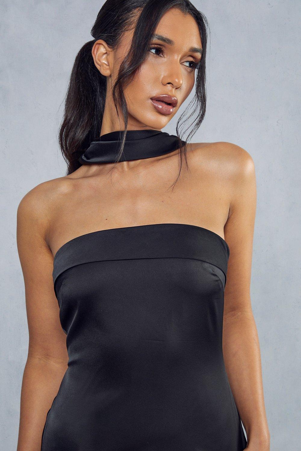 TOPSHOP Satin Knot Halter Neck Mini Dress in Black