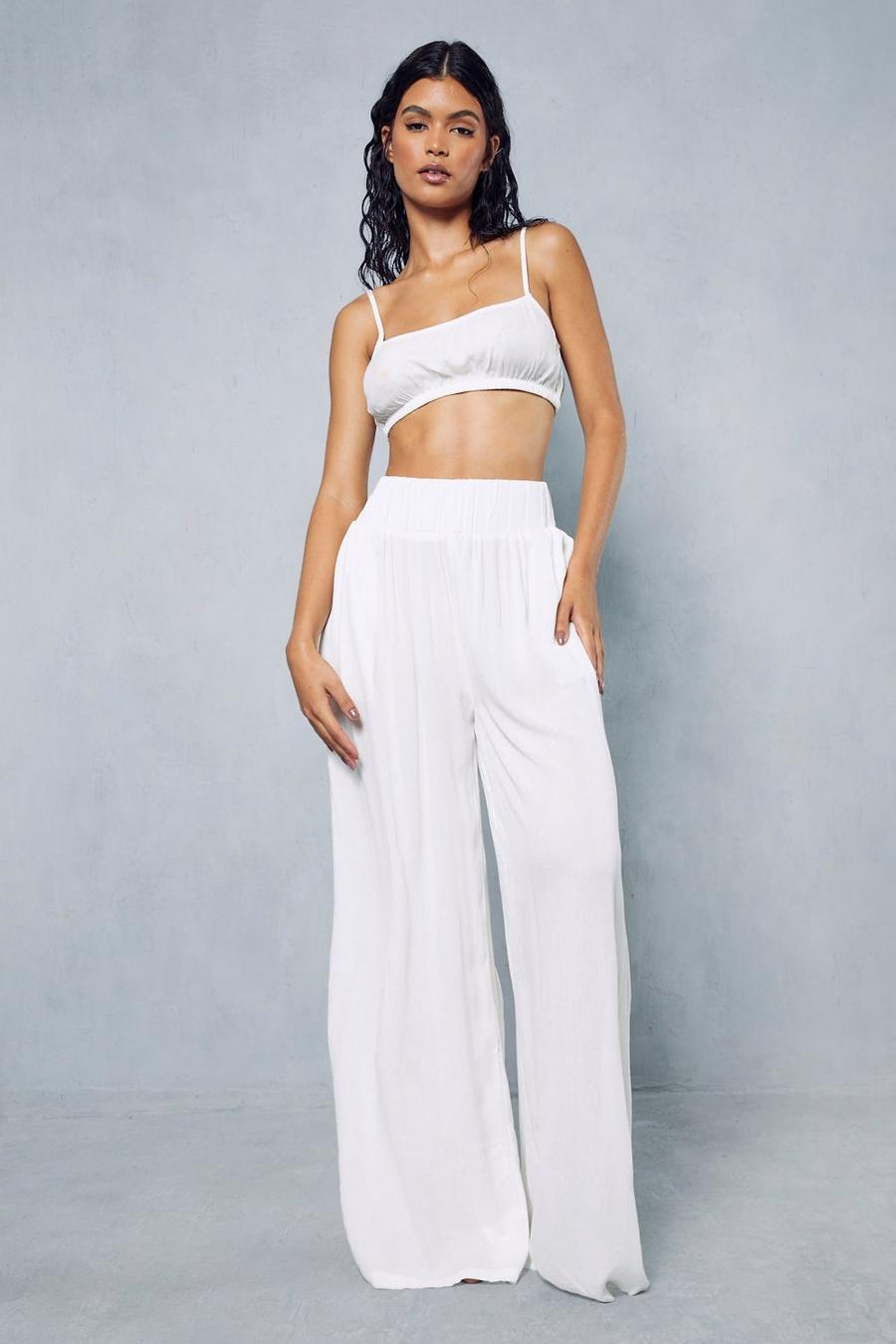 White Crinkle High Waist Wide Leg Trousers image number 1