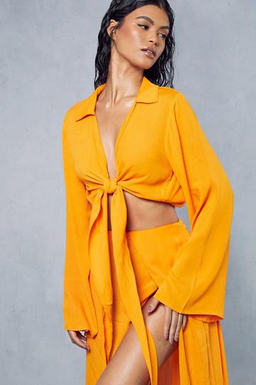 Crinkle Sheer Plunge Tie Front Shirt orange