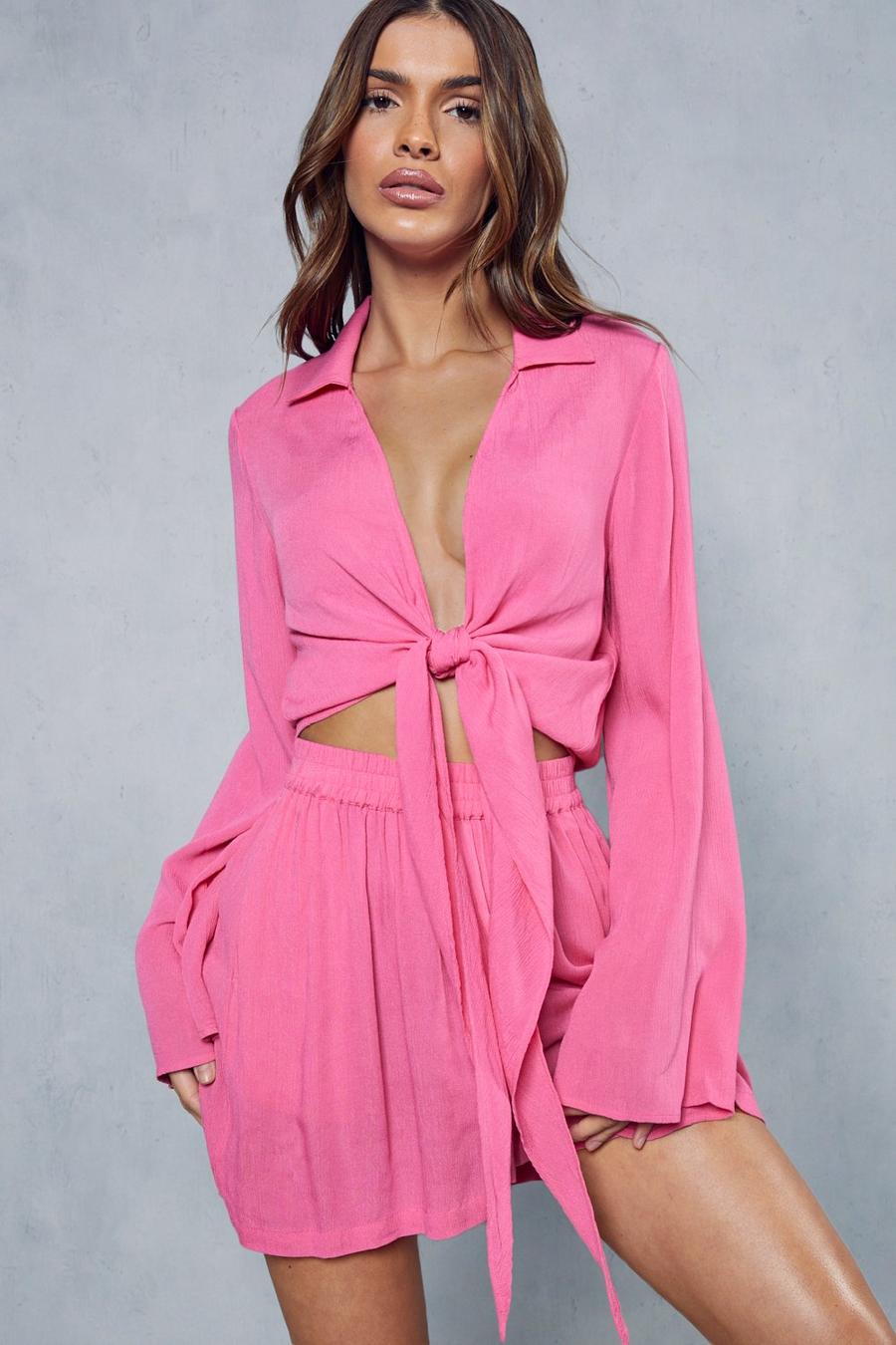 Pink Crinkle Sheer Plunge Tie Front Shirt image number 1