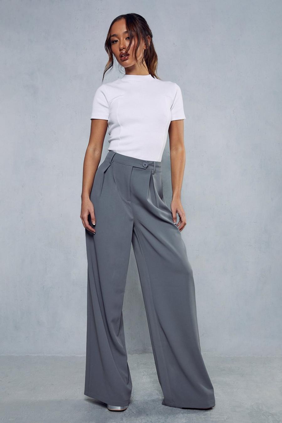 Charcoal Pleat Front Relaxed Wide Leg Trousers image number 1
