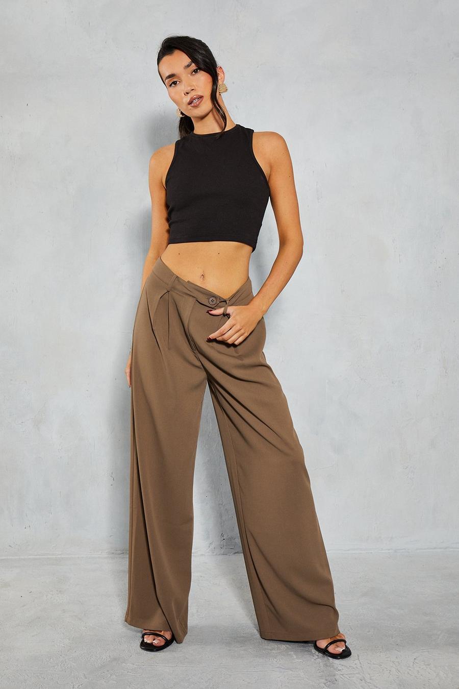 Khaki Pleat Front Relaxed Wide Leg Trousers image number 1