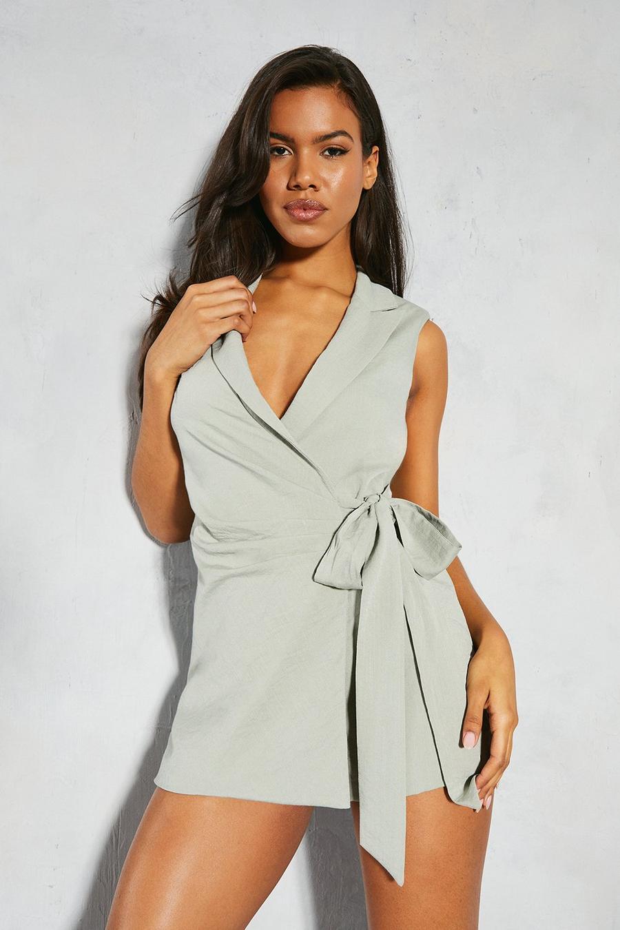 Green Linen Look Wrap Playsuit image number 1