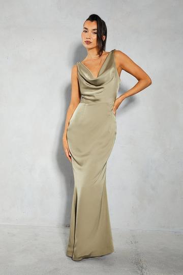 Green Premium Satin Knot Detail Cowl Neck Maxi Dress