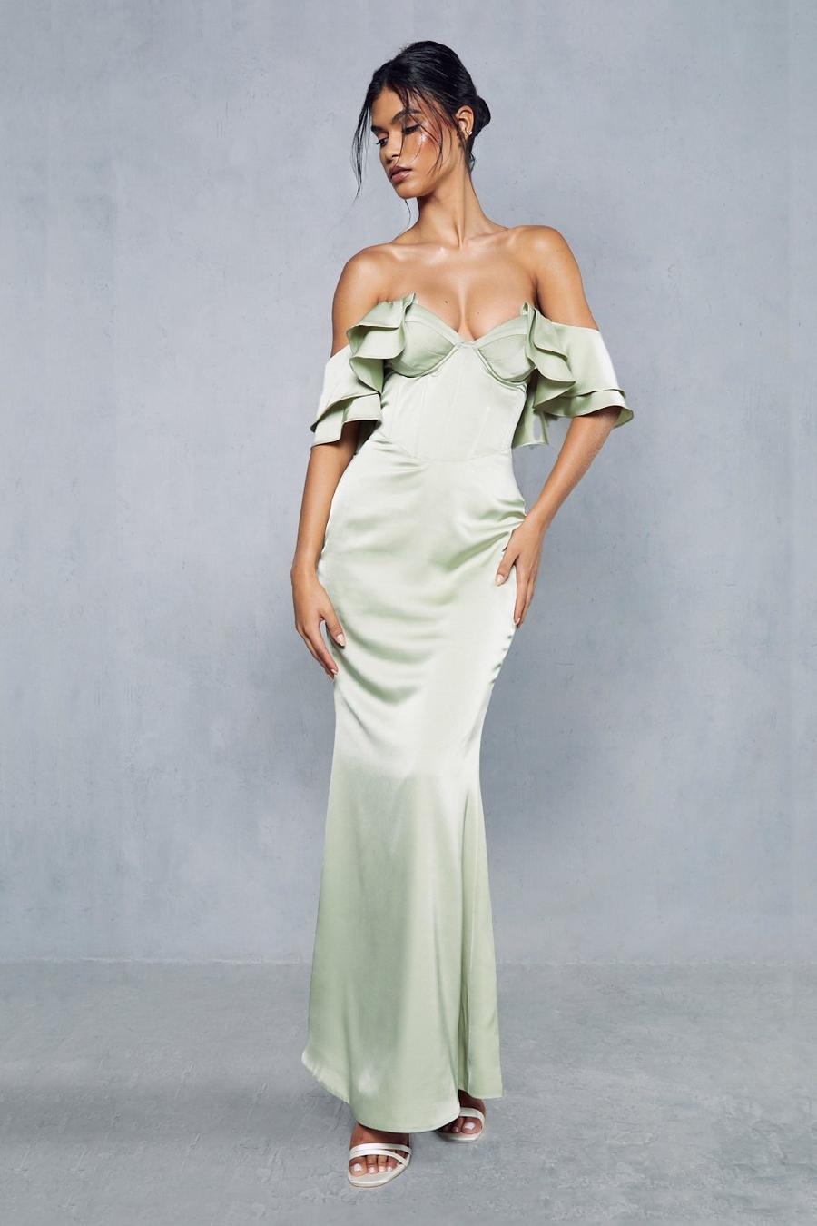 Green Premium Satin Corseted Bardot Frill Maxi Dress image number 1